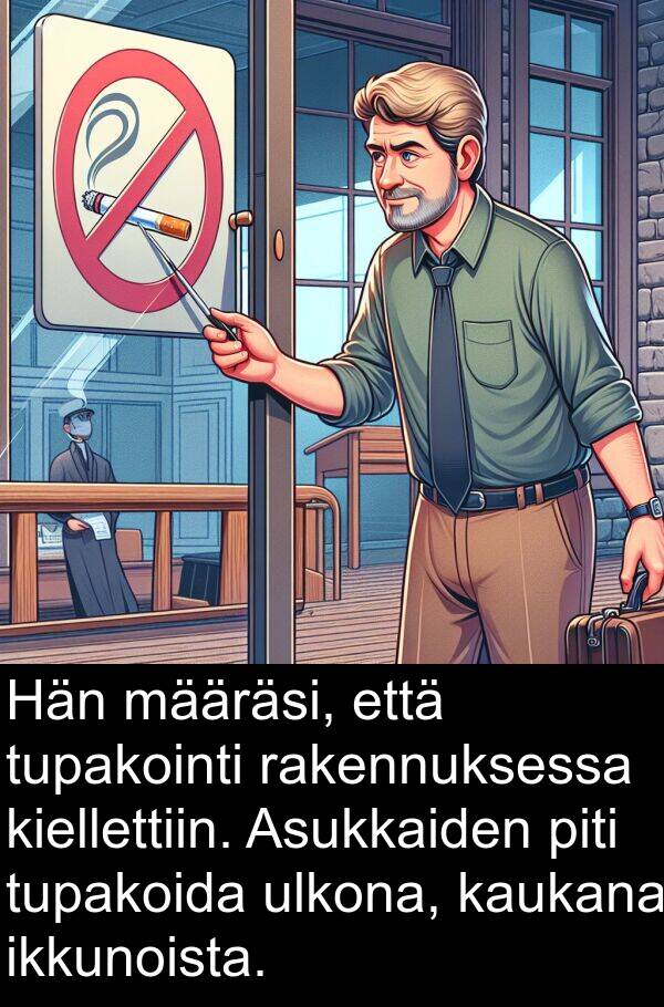 ulkona: Hän määräsi, että tupakointi rakennuksessa kiellettiin. Asukkaiden piti tupakoida ulkona, kaukana ikkunoista.