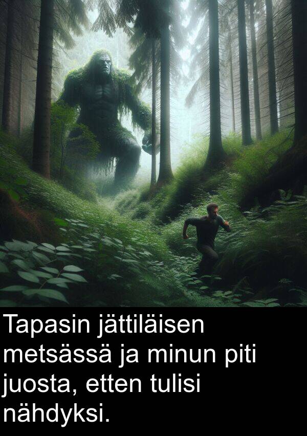 nähdyksi: Tapasin jättiläisen metsässä ja minun piti juosta, etten tulisi nähdyksi.