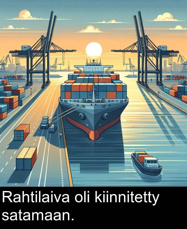 satamaan: Rahtilaiva oli kiinnitetty satamaan.