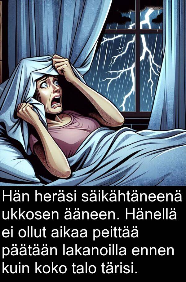 päätään: Hän heräsi säikähtäneenä ukkosen ääneen. Hänellä ei ollut aikaa peittää päätään lakanoilla ennen kuin koko talo tärisi.