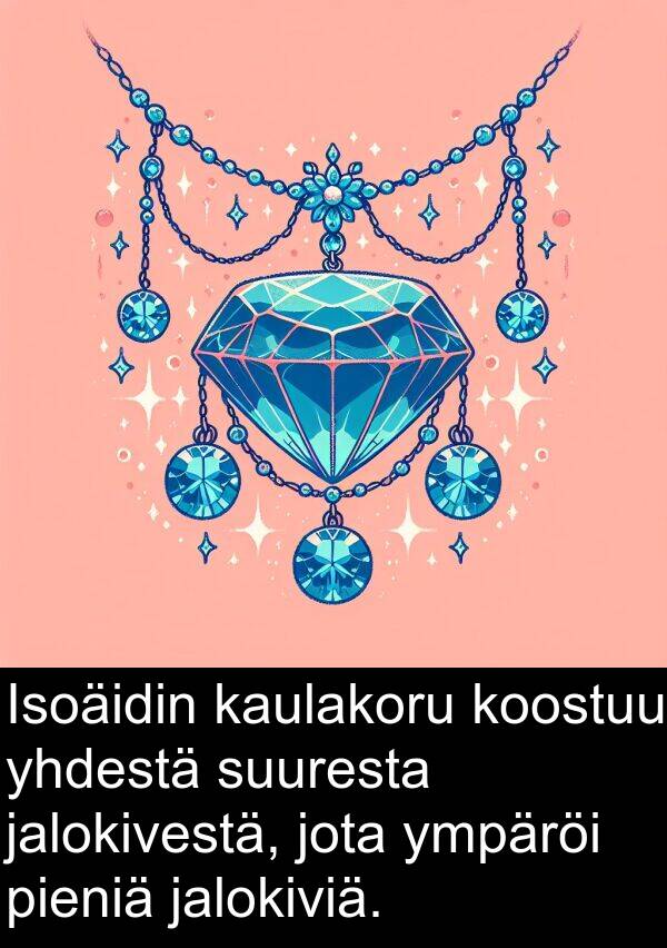 yhdestä: Isoäidin kaulakoru koostuu yhdestä suuresta jalokivestä, jota ympäröi pieniä jalokiviä.