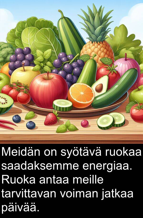 saadaksemme: Meidän on syötävä ruokaa saadaksemme energiaa. Ruoka antaa meille tarvittavan voiman jatkaa päivää.