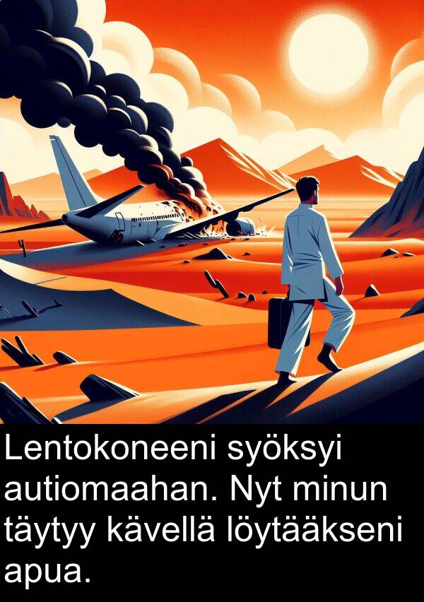 löytääkseni: Lentokoneeni syöksyi autiomaahan. Nyt minun täytyy kävellä löytääkseni apua.