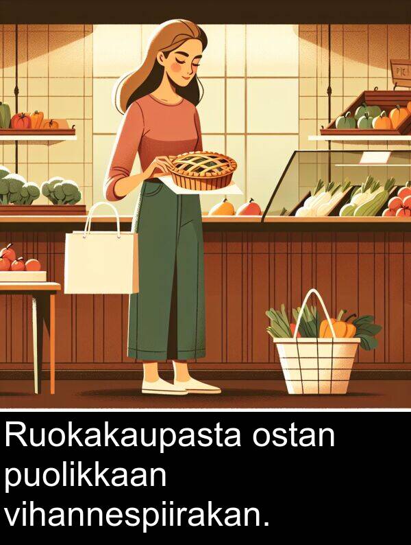 puolikkaan: Ruokakaupasta ostan puolikkaan vihannespiirakan.