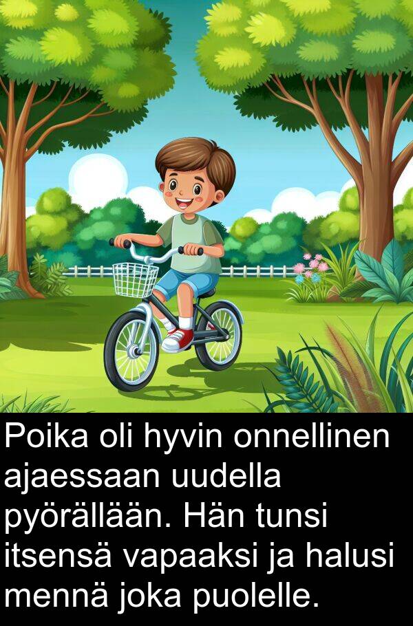 puolelle: Poika oli hyvin onnellinen ajaessaan uudella pyörällään. Hän tunsi itsensä vapaaksi ja halusi mennä joka puolelle.