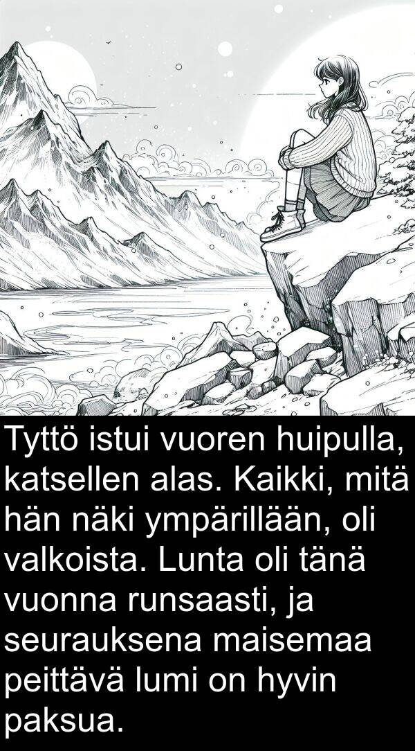 näki: Tyttö istui vuoren huipulla, katsellen alas. Kaikki, mitä hän näki ympärillään, oli valkoista. Lunta oli tänä vuonna runsaasti, ja seurauksena maisemaa peittävä lumi on hyvin paksua.