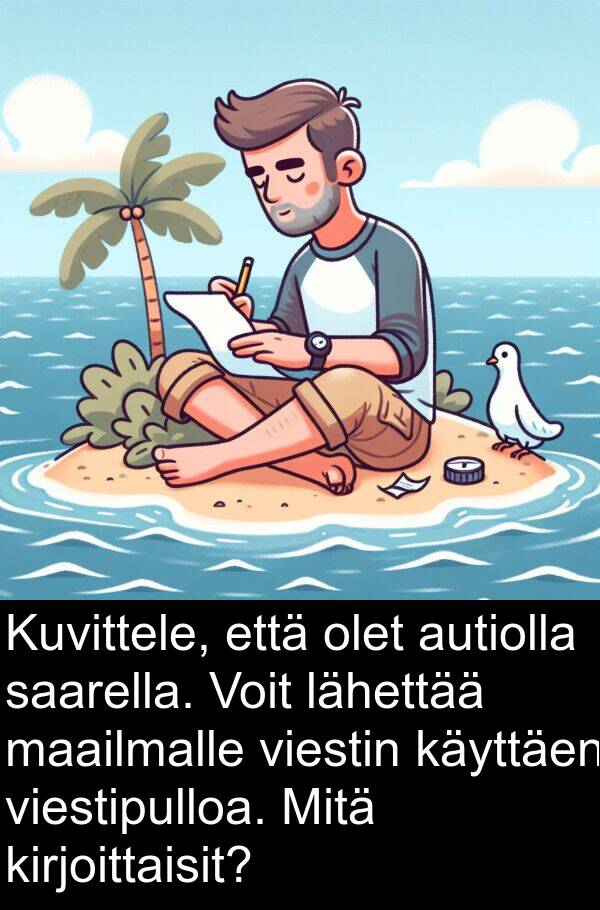 saarella: Kuvittele, että olet autiolla saarella. Voit lähettää maailmalle viestin käyttäen viestipulloa. Mitä kirjoittaisit?