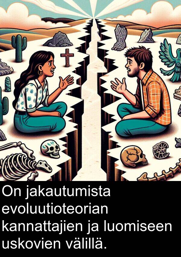 jakautumista: On jakautumista evoluutioteorian kannattajien ja luomiseen uskovien välillä.