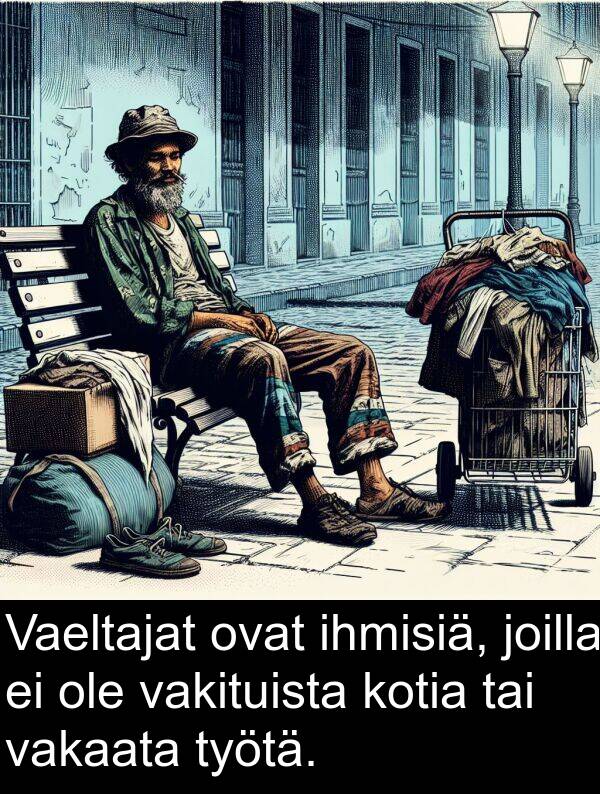 vakaata: Vaeltajat ovat ihmisiä, joilla ei ole vakituista kotia tai vakaata työtä.