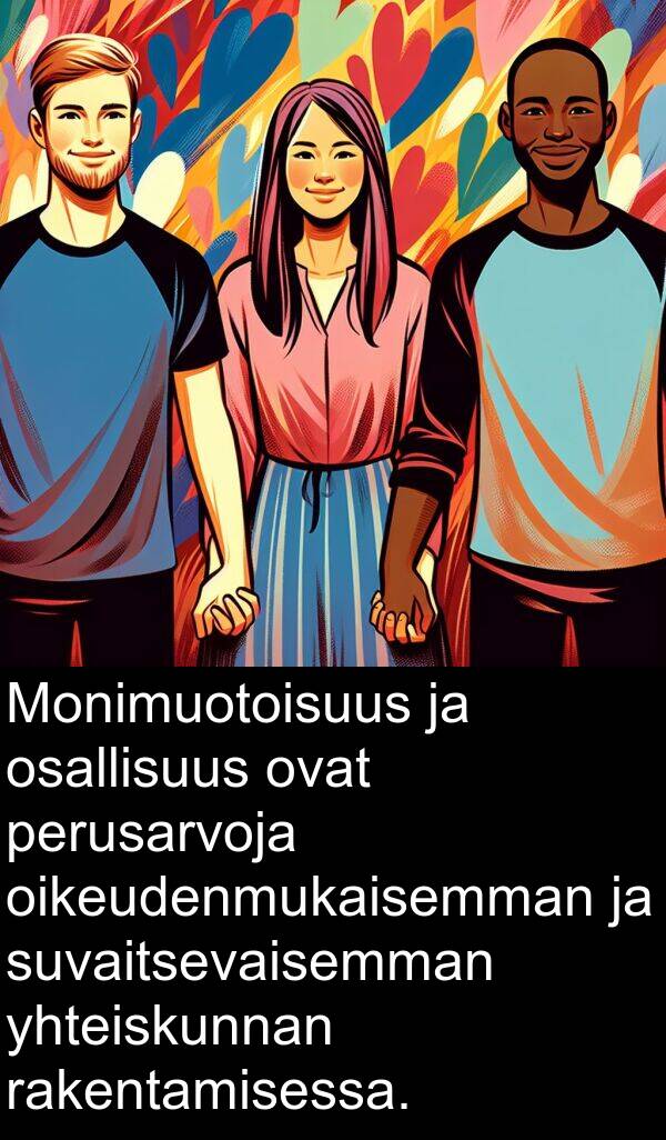 oikeudenmukaisemman: Monimuotoisuus ja osallisuus ovat perusarvoja oikeudenmukaisemman ja suvaitsevaisemman yhteiskunnan rakentamisessa.