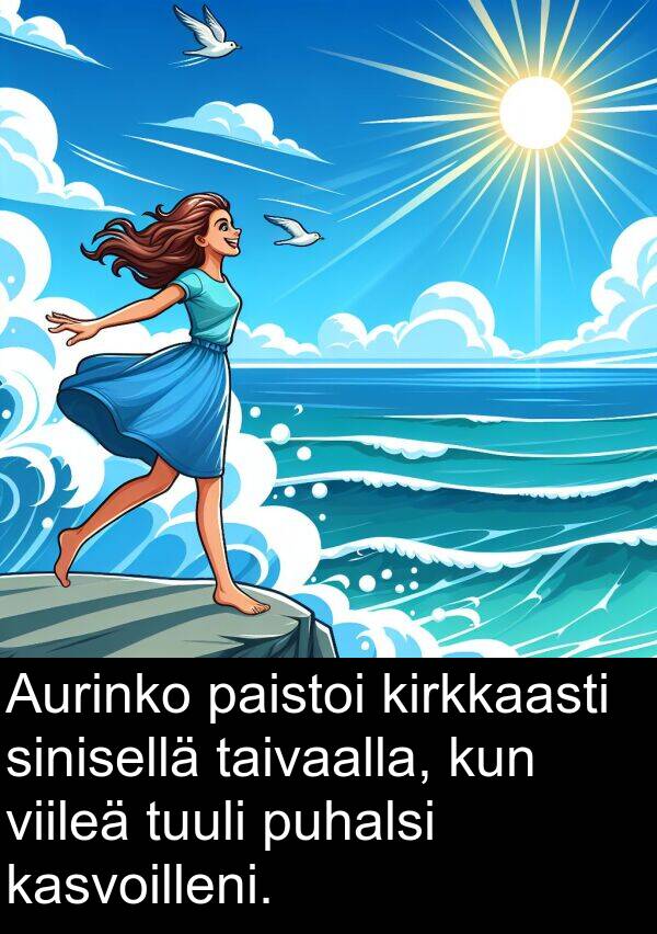 paistoi: Aurinko paistoi kirkkaasti sinisellä taivaalla, kun viileä tuuli puhalsi kasvoilleni.