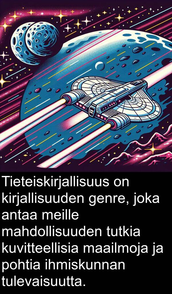 genre: Tieteiskirjallisuus on kirjallisuuden genre, joka antaa meille mahdollisuuden tutkia kuvitteellisia maailmoja ja pohtia ihmiskunnan tulevaisuutta.