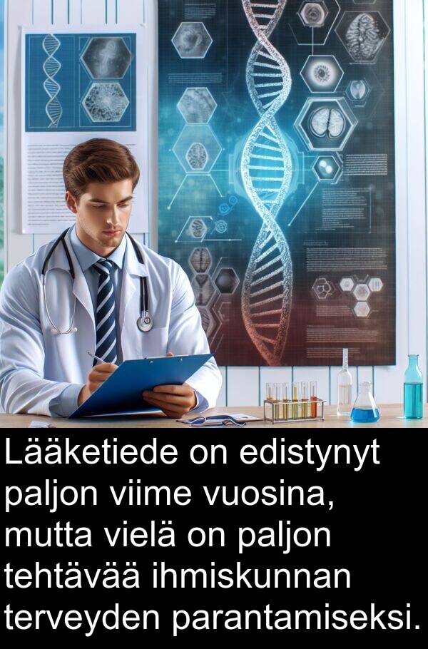 edistynyt: Lääketiede on edistynyt paljon viime vuosina, mutta vielä on paljon tehtävää ihmiskunnan terveyden parantamiseksi.