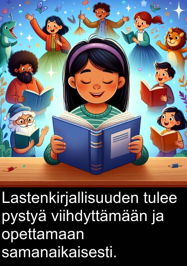 samanaikaisesti: Lastenkirjallisuuden tulee pystyä viihdyttämään ja opettamaan samanaikaisesti.