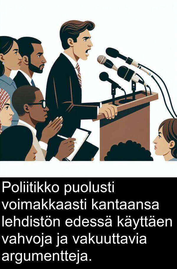 edessä: Poliitikko puolusti voimakkaasti kantaansa lehdistön edessä käyttäen vahvoja ja vakuuttavia argumentteja.