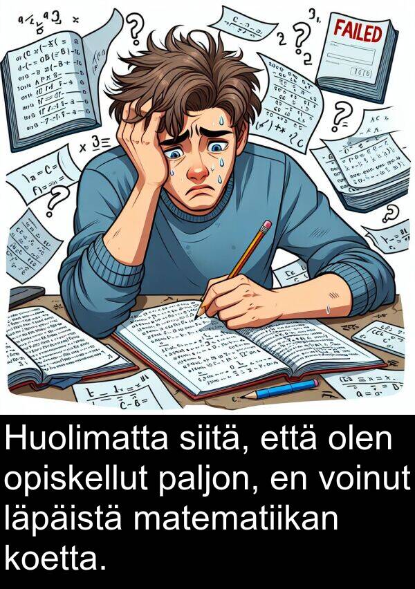 opiskellut: Huolimatta siitä, että olen opiskellut paljon, en voinut läpäistä matematiikan koetta.