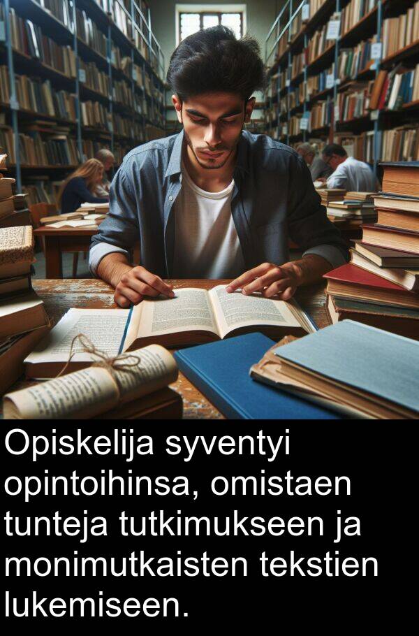 opintoihinsa: Opiskelija syventyi opintoihinsa, omistaen tunteja tutkimukseen ja monimutkaisten tekstien lukemiseen.