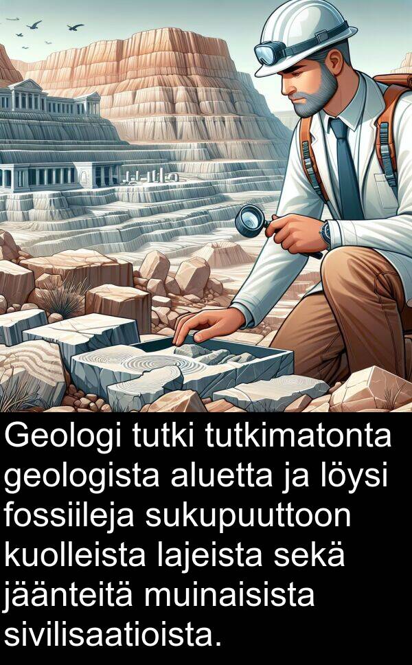 geologista: Geologi tutki tutkimatonta geologista aluetta ja löysi fossiileja sukupuuttoon kuolleista lajeista sekä jäänteitä muinaisista sivilisaatioista.