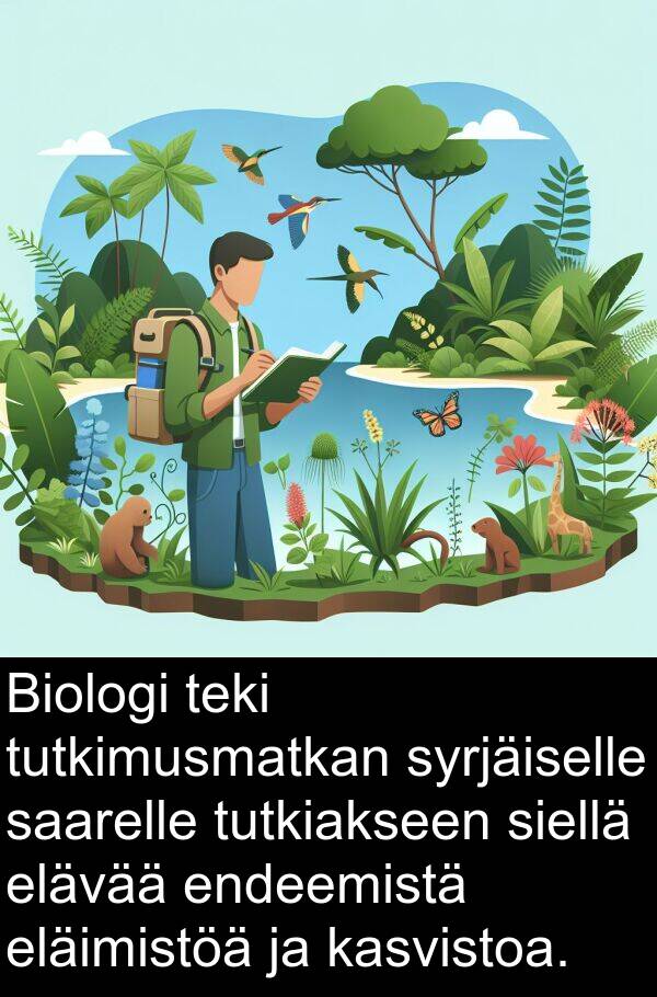 tutkiakseen: Biologi teki tutkimusmatkan syrjäiselle saarelle tutkiakseen siellä elävää endeemistä eläimistöä ja kasvistoa.