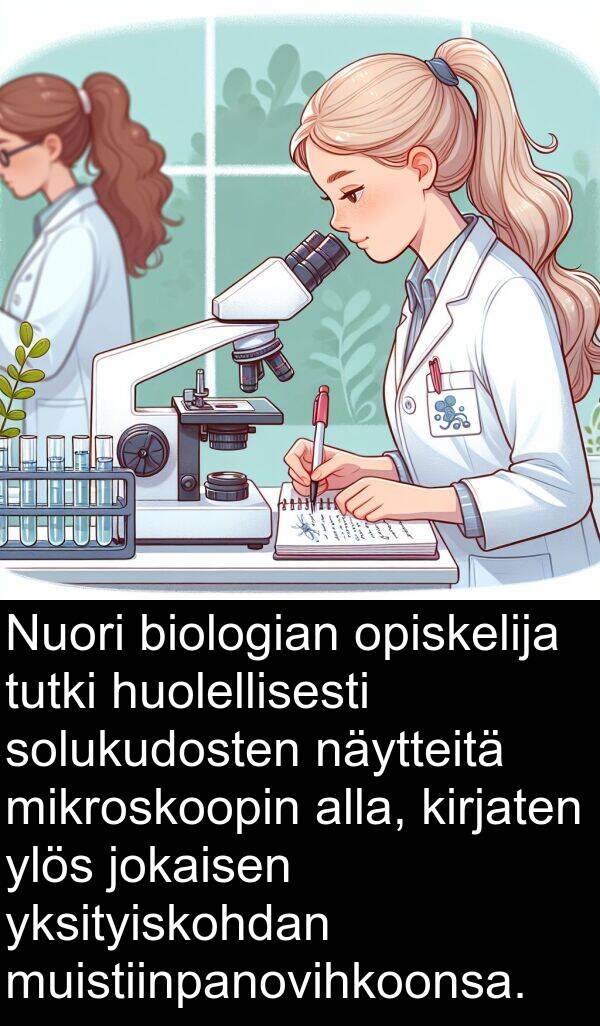 biologian: Nuori biologian opiskelija tutki huolellisesti solukudosten näytteitä mikroskoopin alla, kirjaten ylös jokaisen yksityiskohdan muistiinpanovihkoonsa.