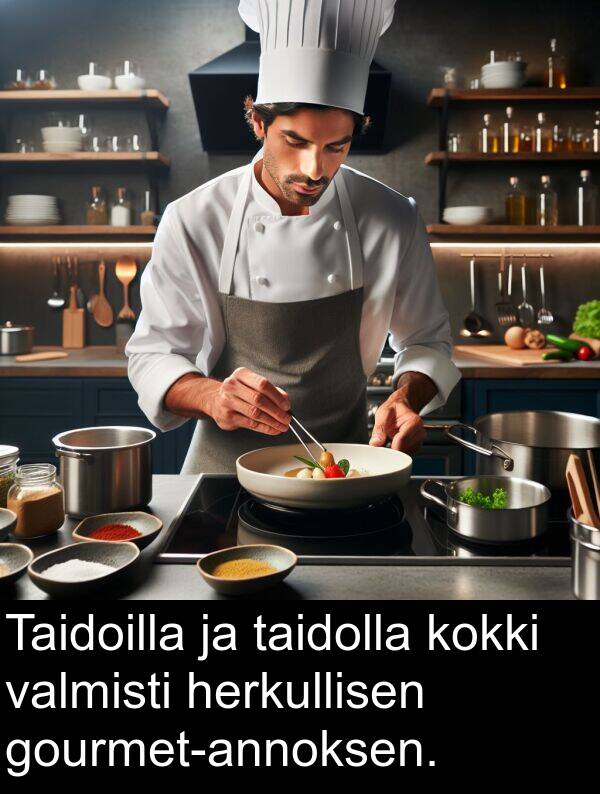 valmisti: Taidoilla ja taidolla kokki valmisti herkullisen gourmet-annoksen.