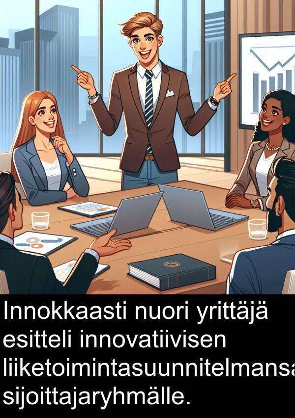 sijoittajaryhmälle: Innokkaasti nuori yrittäjä esitteli innovatiivisen liiketoimintasuunnitelmansa sijoittajaryhmälle.