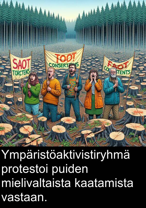 kaatamista: Ympäristöaktivistiryhmä protestoi puiden mielivaltaista kaatamista vastaan.