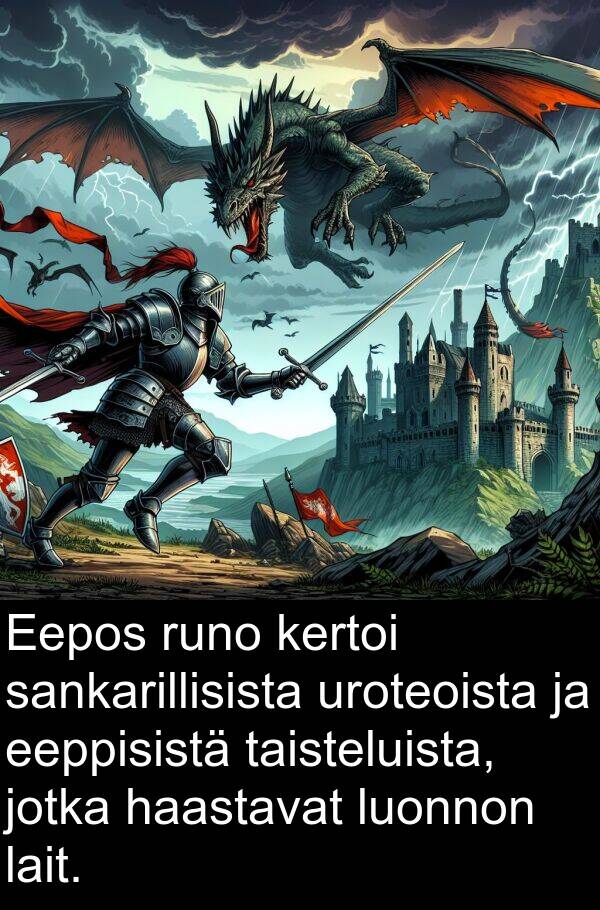 eeppisistä: Eepos runo kertoi sankarillisista uroteoista ja eeppisistä taisteluista, jotka haastavat luonnon lait.