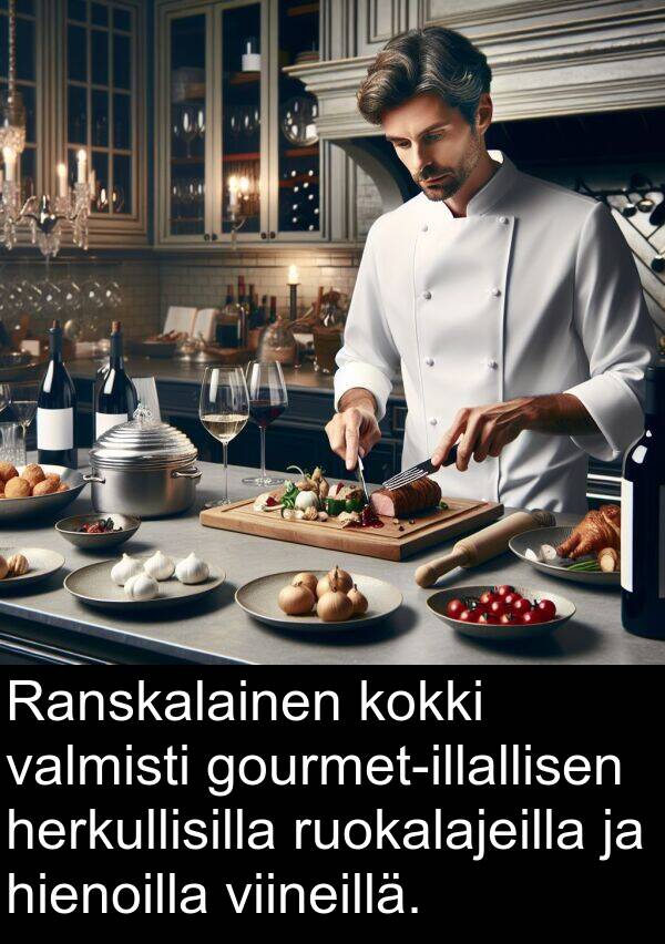 valmisti: Ranskalainen kokki valmisti gourmet-illallisen herkullisilla ruokalajeilla ja hienoilla viineillä.