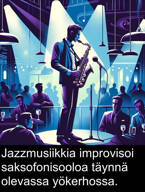 saksofonisooloa: Jazzmusiikkia improvisoi saksofonisooloa täynnä olevassa yökerhossa.