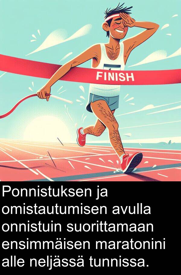 suorittamaan: Ponnistuksen ja omistautumisen avulla onnistuin suorittamaan ensimmäisen maratonini alle neljässä tunnissa.