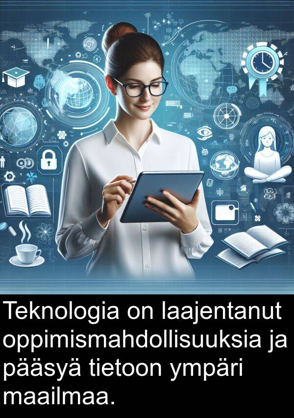 pääsyä: Teknologia on laajentanut oppimismahdollisuuksia ja pääsyä tietoon ympäri maailmaa.