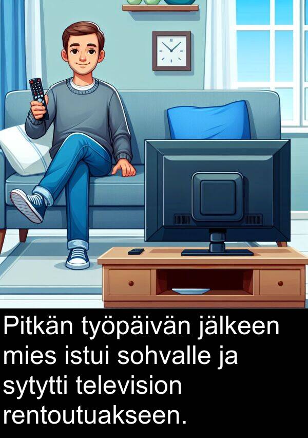 sohvalle: Pitkän työpäivän jälkeen mies istui sohvalle ja sytytti television rentoutuakseen.