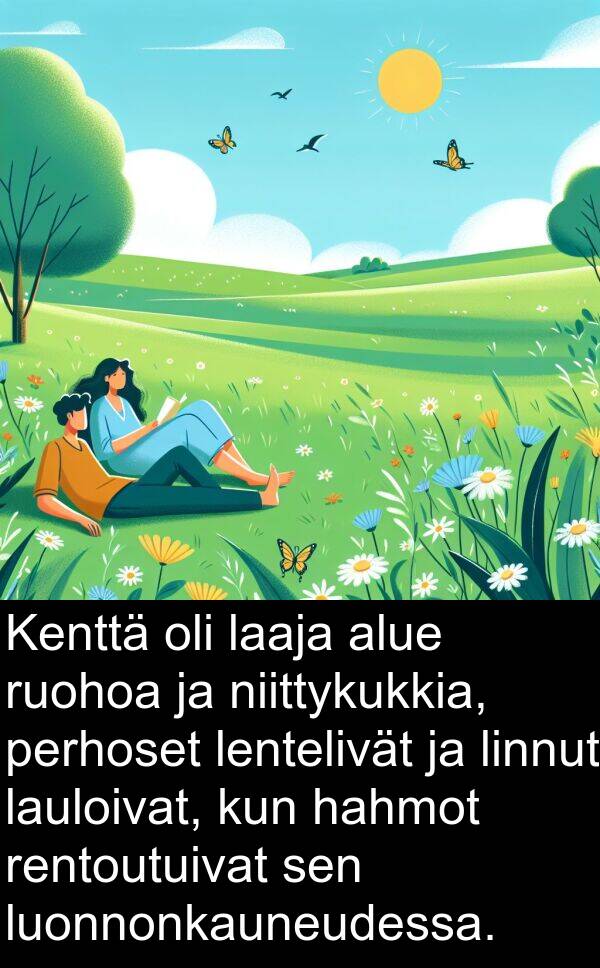 laaja: Kenttä oli laaja alue ruohoa ja niittykukkia, perhoset lentelivät ja linnut lauloivat, kun hahmot rentoutuivat sen luonnonkauneudessa.