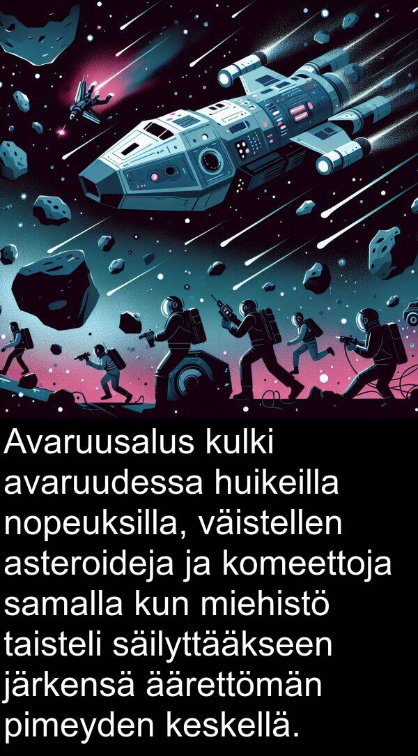 äärettömän: Avaruusalus kulki avaruudessa huikeilla nopeuksilla, väistellen asteroideja ja komeettoja samalla kun miehistö taisteli säilyttääkseen järkensä äärettömän pimeyden keskellä.