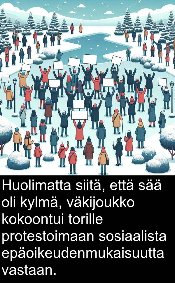 sää: Huolimatta siitä, että sää oli kylmä, väkijoukko kokoontui torille protestoimaan sosiaalista epäoikeudenmukaisuutta vastaan.