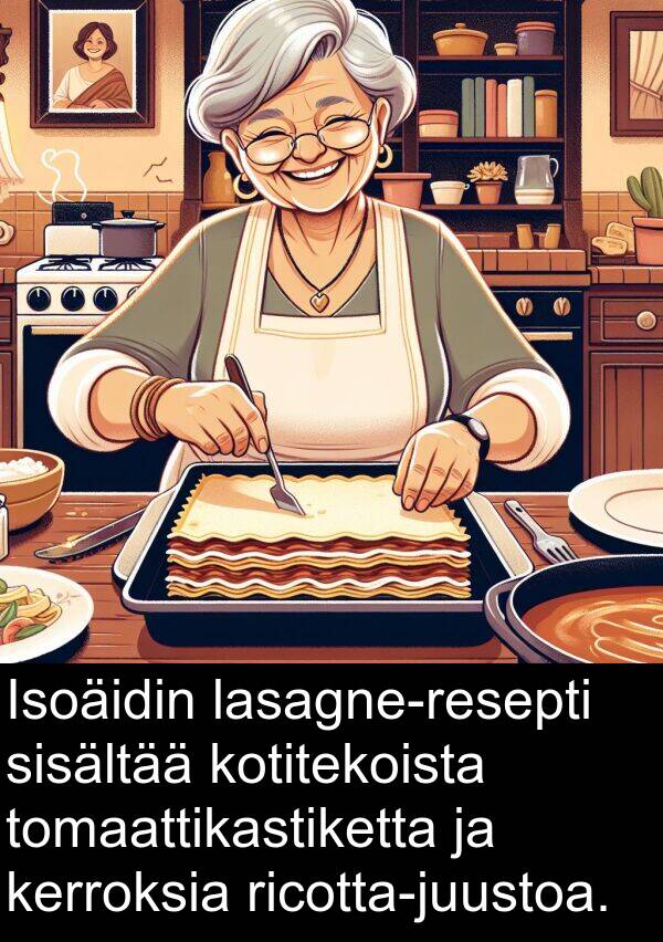 sisältää: Isoäidin lasagne-resepti sisältää kotitekoista tomaattikastiketta ja kerroksia ricotta-juustoa.