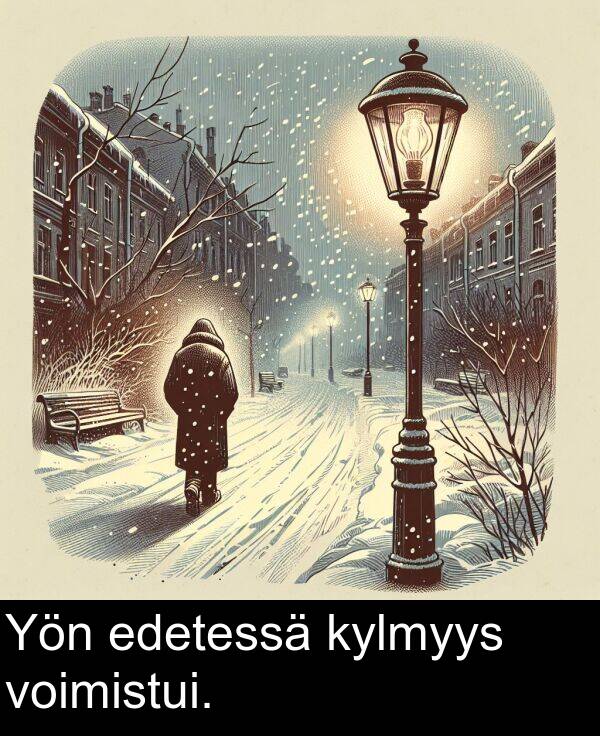 edetessä: Yön edetessä kylmyys voimistui.