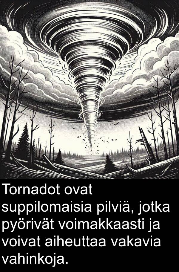 voimakkaasti: Tornadot ovat suppilomaisia pilviä, jotka pyörivät voimakkaasti ja voivat aiheuttaa vakavia vahinkoja.