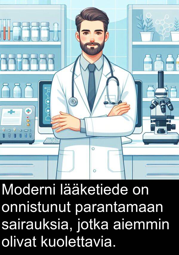 lääketiede: Moderni lääketiede on onnistunut parantamaan sairauksia, jotka aiemmin olivat kuolettavia.