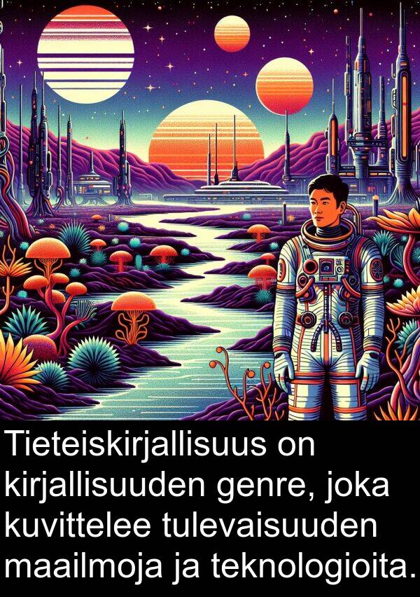 genre: Tieteiskirjallisuus on kirjallisuuden genre, joka kuvittelee tulevaisuuden maailmoja ja teknologioita.