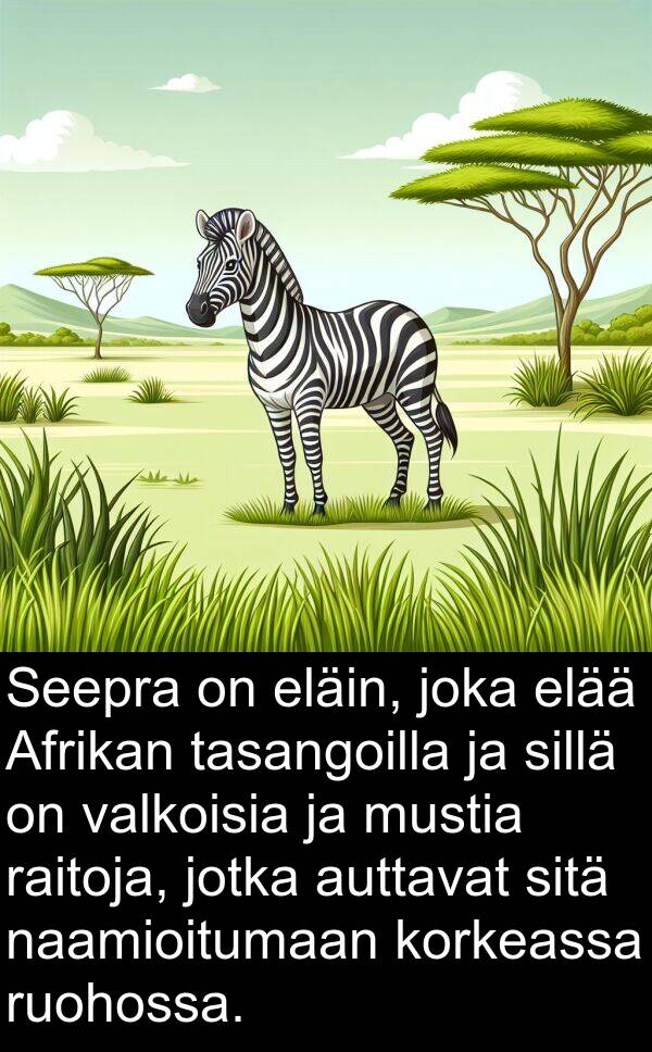 naamioitumaan: Seepra on eläin, joka elää Afrikan tasangoilla ja sillä on valkoisia ja mustia raitoja, jotka auttavat sitä naamioitumaan korkeassa ruohossa.