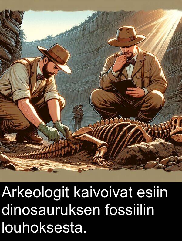 dinosauruksen: Arkeologit kaivoivat esiin dinosauruksen fossiilin louhoksesta.