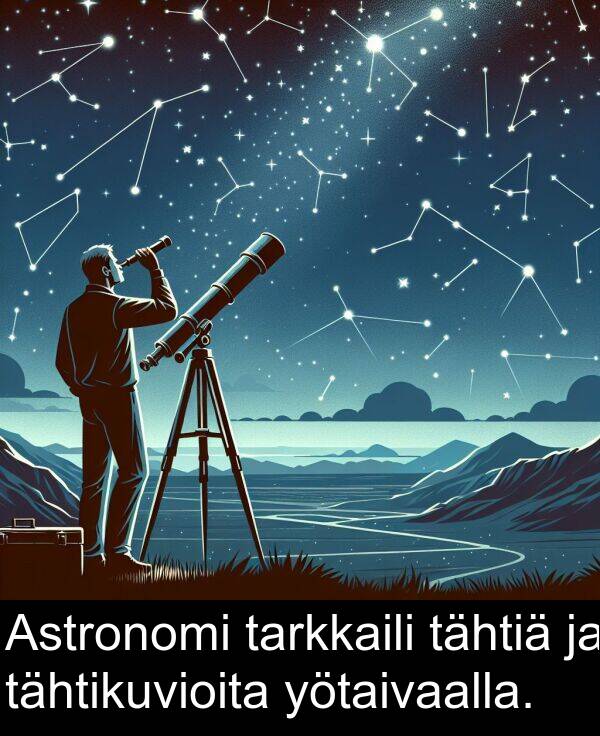 yötaivaalla: Astronomi tarkkaili tähtiä ja tähtikuvioita yötaivaalla.