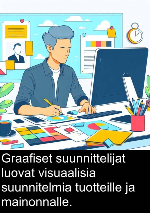 visuaalisia: Graafiset suunnittelijat luovat visuaalisia suunnitelmia tuotteille ja mainonnalle.