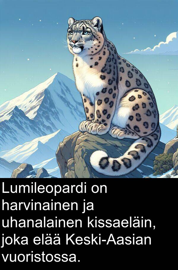 uhanalainen: Lumileopardi on harvinainen ja uhanalainen kissaeläin, joka elää Keski-Aasian vuoristossa.