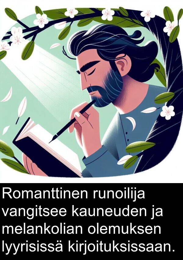 vangitsee: Romanttinen runoilija vangitsee kauneuden ja melankolian olemuksen lyyrisissä kirjoituksissaan.