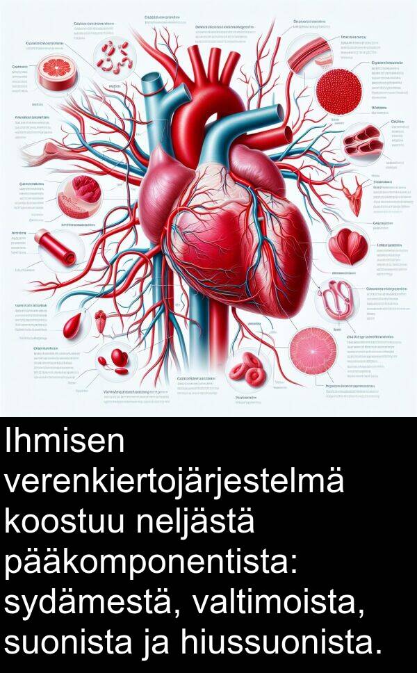 pääkomponentista: Ihmisen verenkiertojärjestelmä koostuu neljästä pääkomponentista: sydämestä, valtimoista, suonista ja hiussuonista.