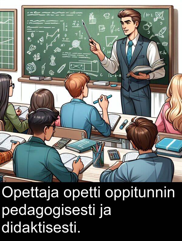 didaktisesti: Opettaja opetti oppitunnin pedagogisesti ja didaktisesti.