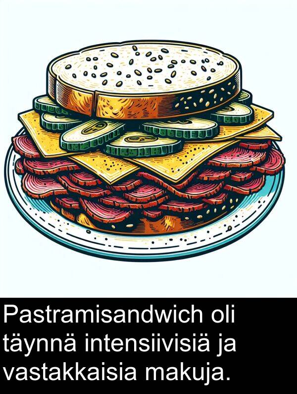 makuja: Pastramisandwich oli täynnä intensiivisiä ja vastakkaisia makuja.